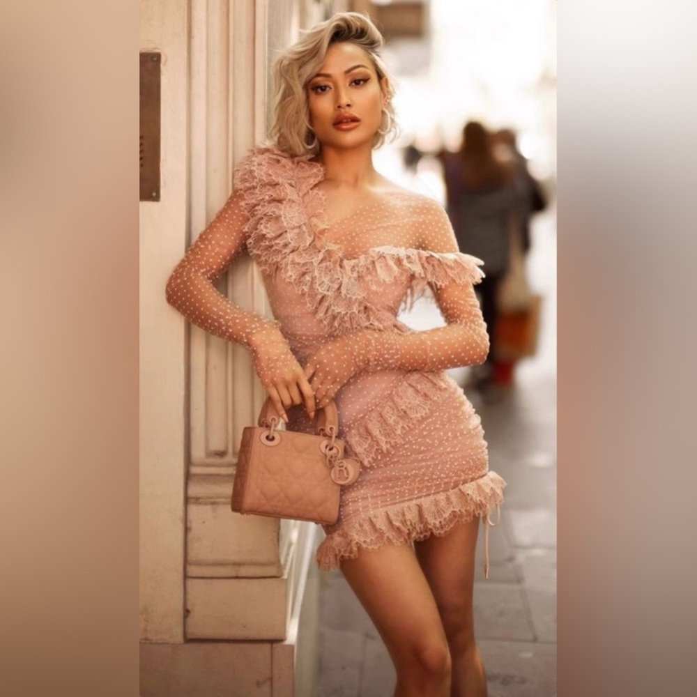 NWT HOUSE OF CB Sorrel Tulle Asymmetric Minidress in Blush. Size S - Picture 5 of 15